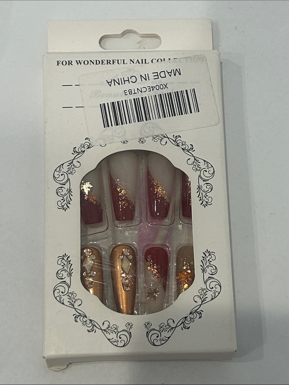 Press-On Nail Burgundy & Gold 3D Accent fall maple copper leaves glitter set new